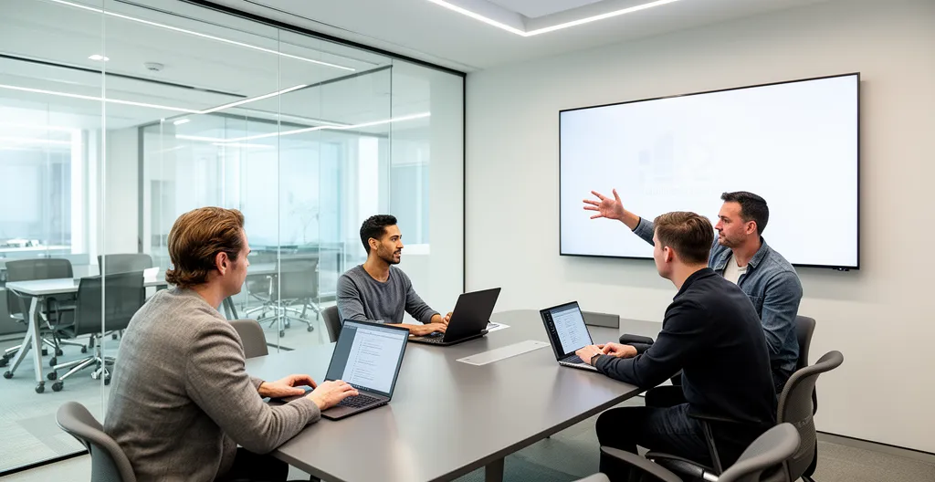 Small team of three professionals around conference table with laptops, one person gesturing toward wall screen