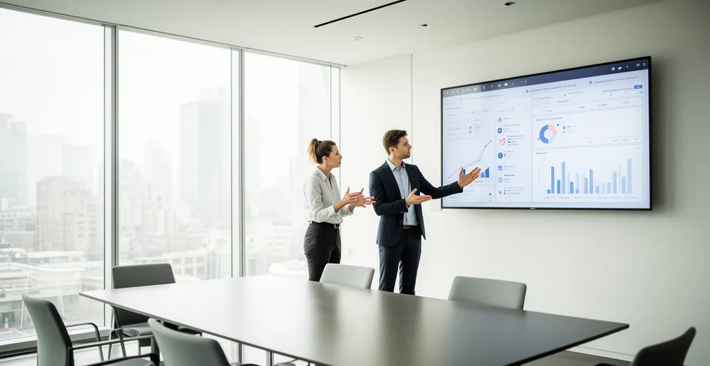 Two business professionals standing side by side reviewing data on wall-mounted display
