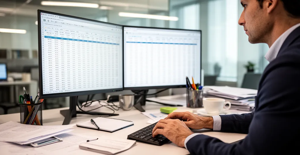 Finance professional at workstation with dual monitors displaying spreadsheet data