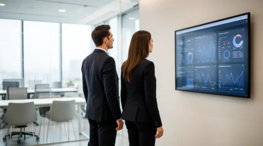 Two professionals standing side by side viewing analytics dashboard on wall-mounted screen in modern office