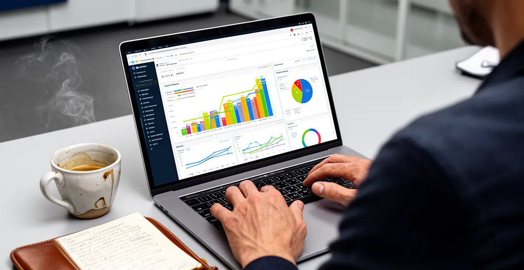 Sales professional typing on laptop displaying pipeline dashboard with charts