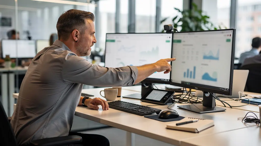 Revenue operations professional analysing sales performance management dashboard in modern office