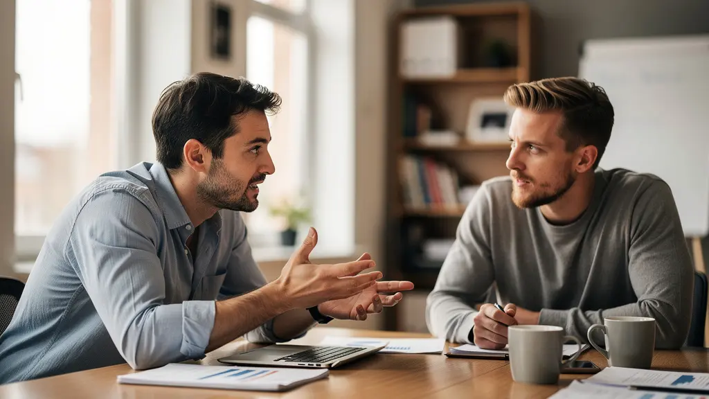 Two colleagues engaged in focused discussion during team meeting