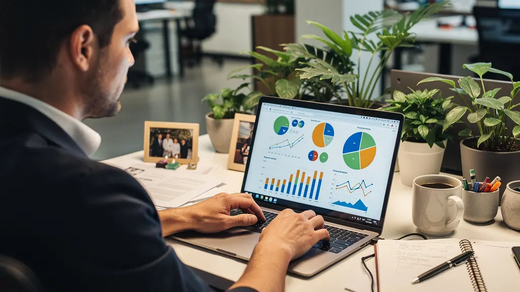 Professional reviewing team performance metrics on laptop in modern workspace