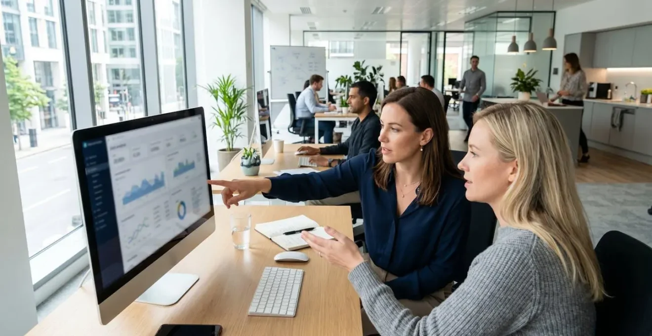Two marketing professionals collaborating at a desk reviewing data analytics on a large monitor in a bright modern office