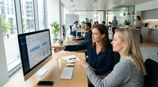 Two marketing professionals collaborating at a desk reviewing data analytics on a large monitor in a bright modern office