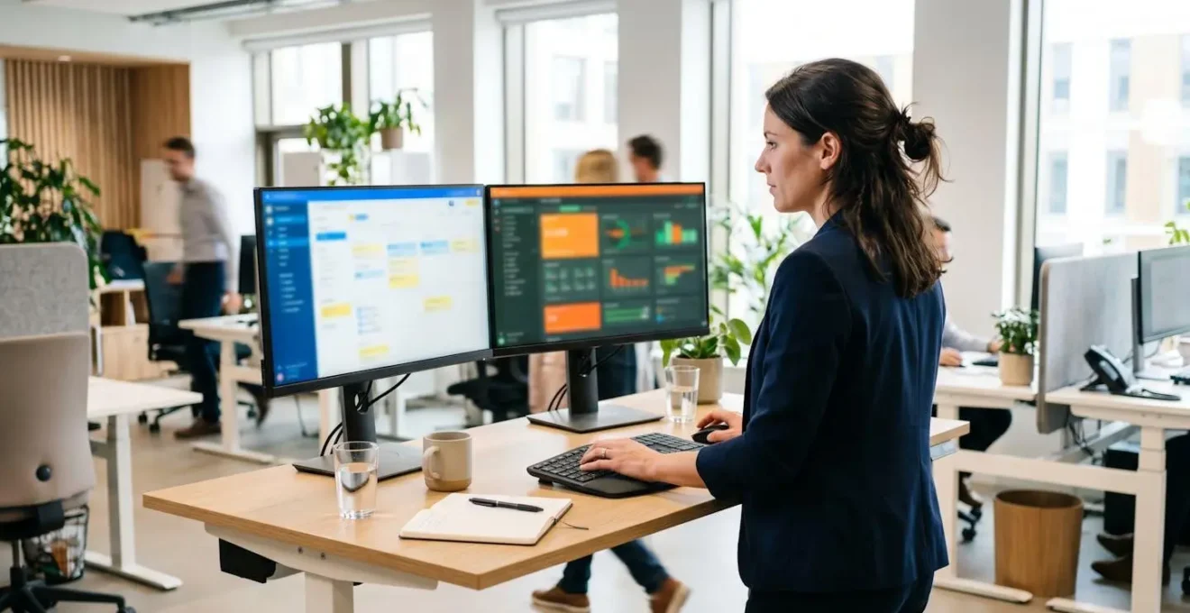 Marketing professional viewed from behind working at a standing desk with dual monitors displaying colourful blurred interfaces in a bright modern office