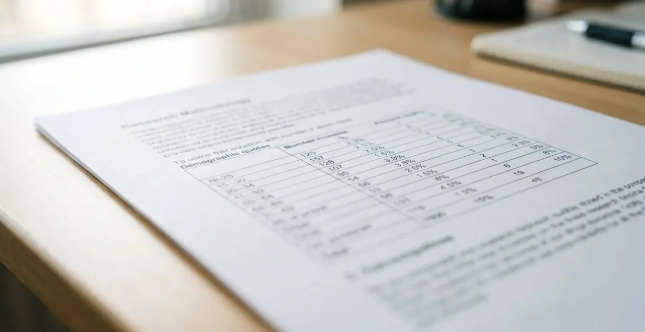 Extreme close-up of a printed research report page showing a demographic quota distribution table with percentages, shallow depth of field on clean white paper